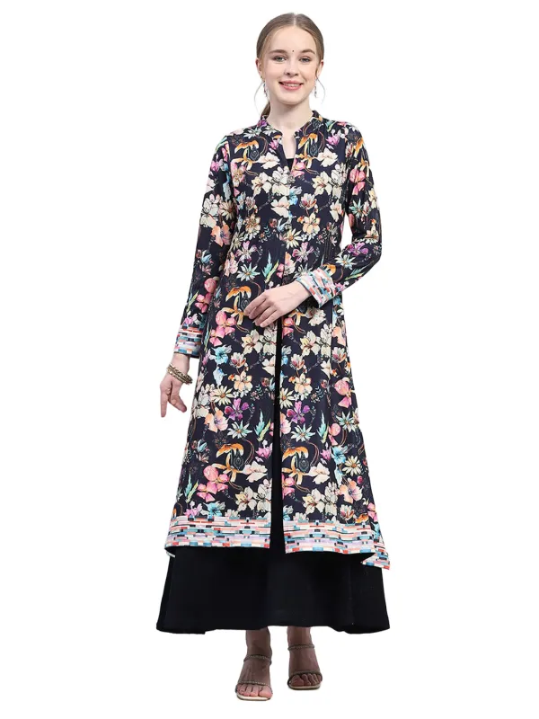 Women Navy Blue Designer V Neck Full Sleeve Kurtis Set for Winter made by Monte Carlo