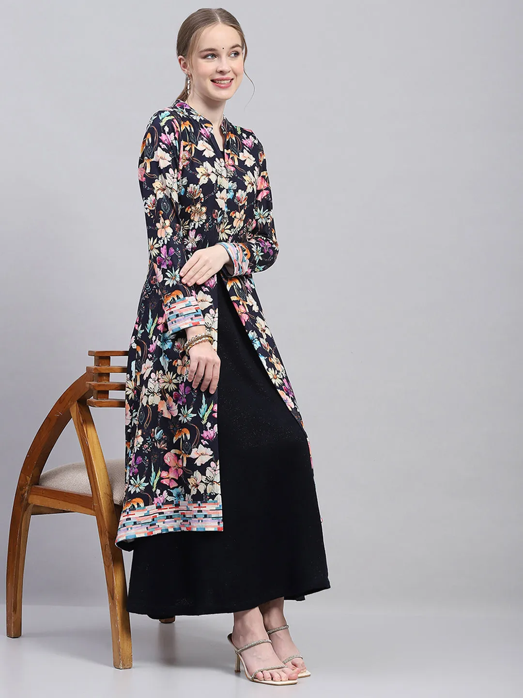 Women Navy Blue Designer V Neck Full Sleeve Kurtis Set for Winter sold by Monte Carlo product image thumbnail 5