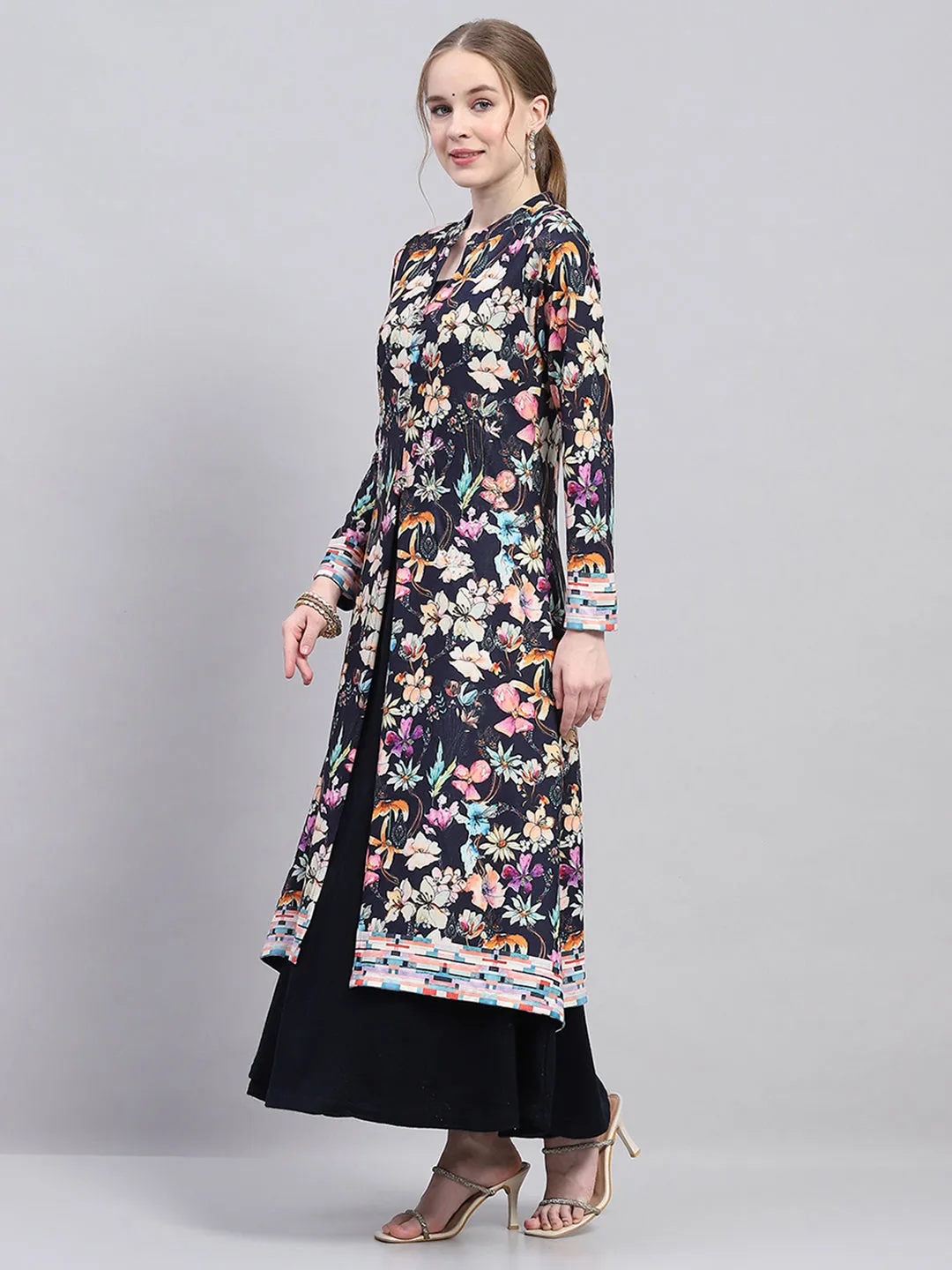 Women Navy Blue Designer V Neck Full Sleeve Kurtis Set for Winter sold by Monte Carlo product image thumbnail 2