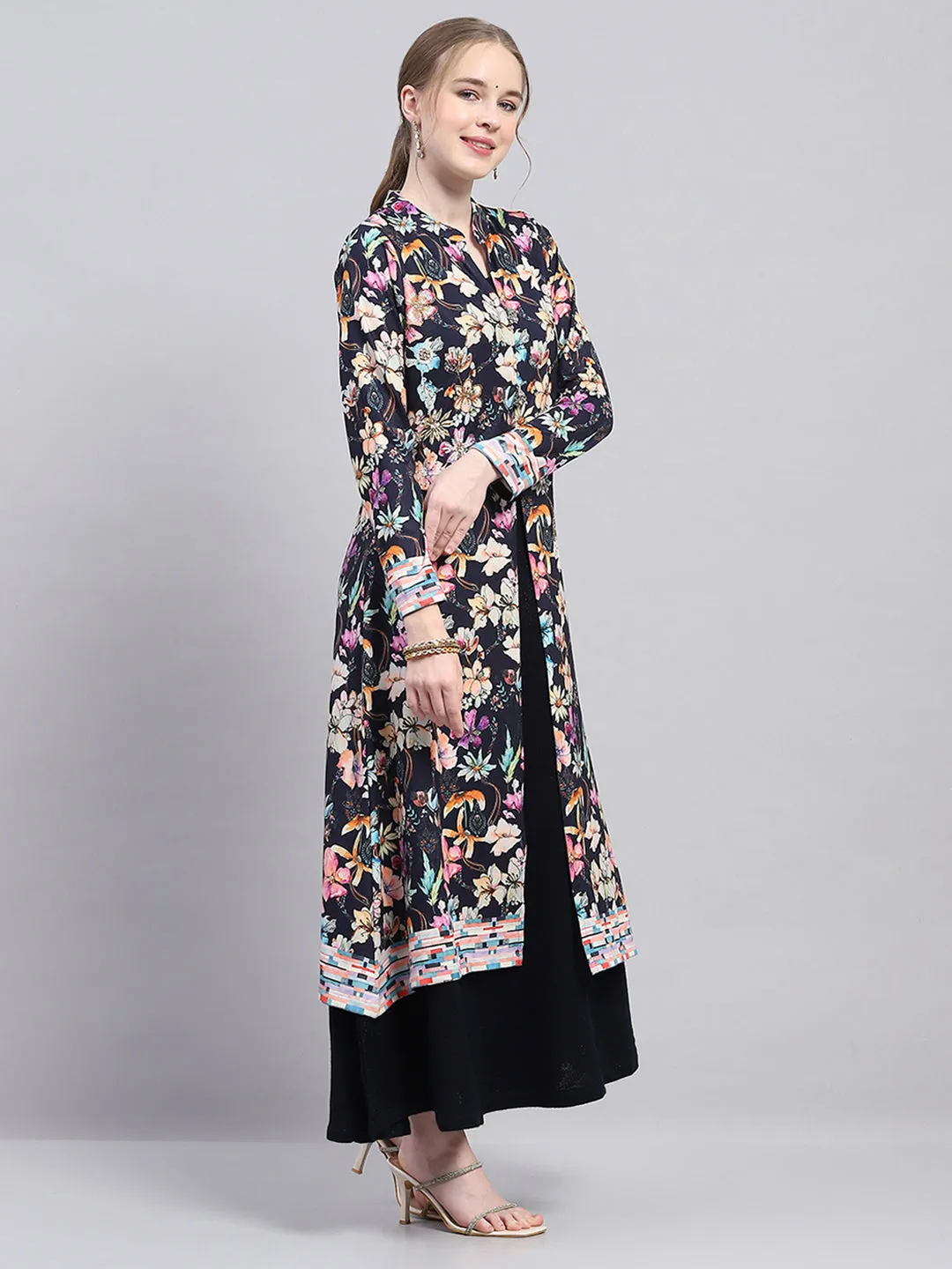 Women Navy Blue Designer V Neck Full Sleeve Kurtis Set for Winter sold by Monte Carlo product image thumbnail 3