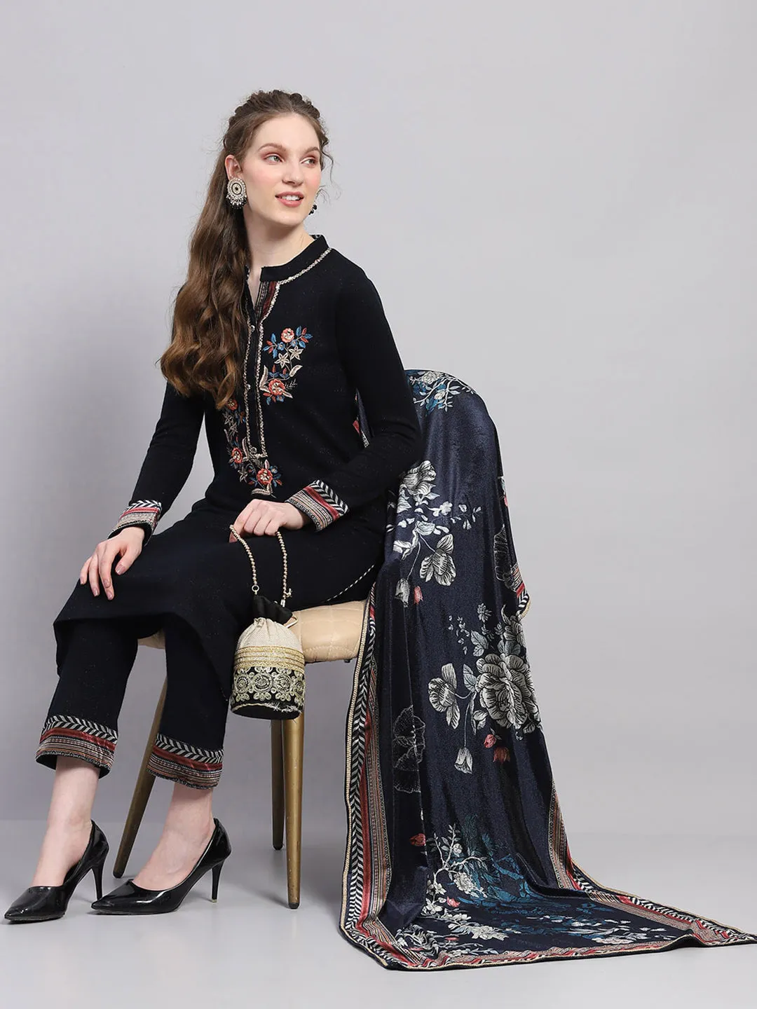 Women Navy Blue Designer Round Neck Full Sleeve 3 Pc Kurtis Set for Winter sold by Monte Carlo product image thumbnail 5