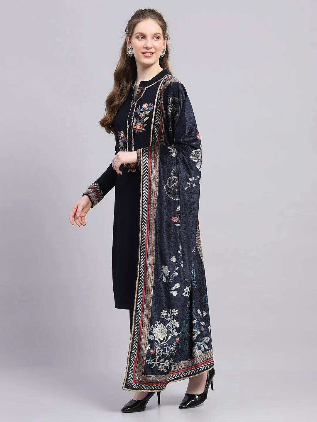 Women Navy Blue Designer Round Neck Full Sleeve 3 Pc Kurtis Set for Winter sold by Monte Carlo product image thumbnail 2