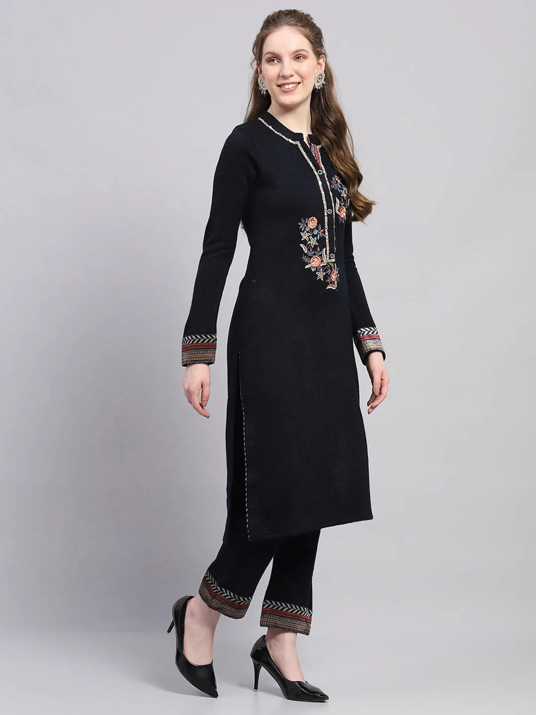 Women Navy Blue Designer Round Neck Full Sleeve 3 Pc Kurtis Set for Winter sold by Monte Carlo product image thumbnail 3