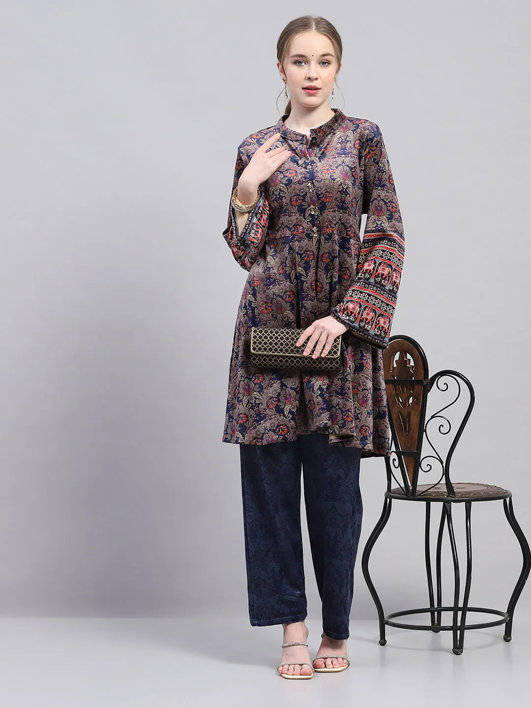 Women Blue Designer Round Neck Full Sleeve Kurtis Set for Winter sold by Monte Carlo product image thumbnail 5
