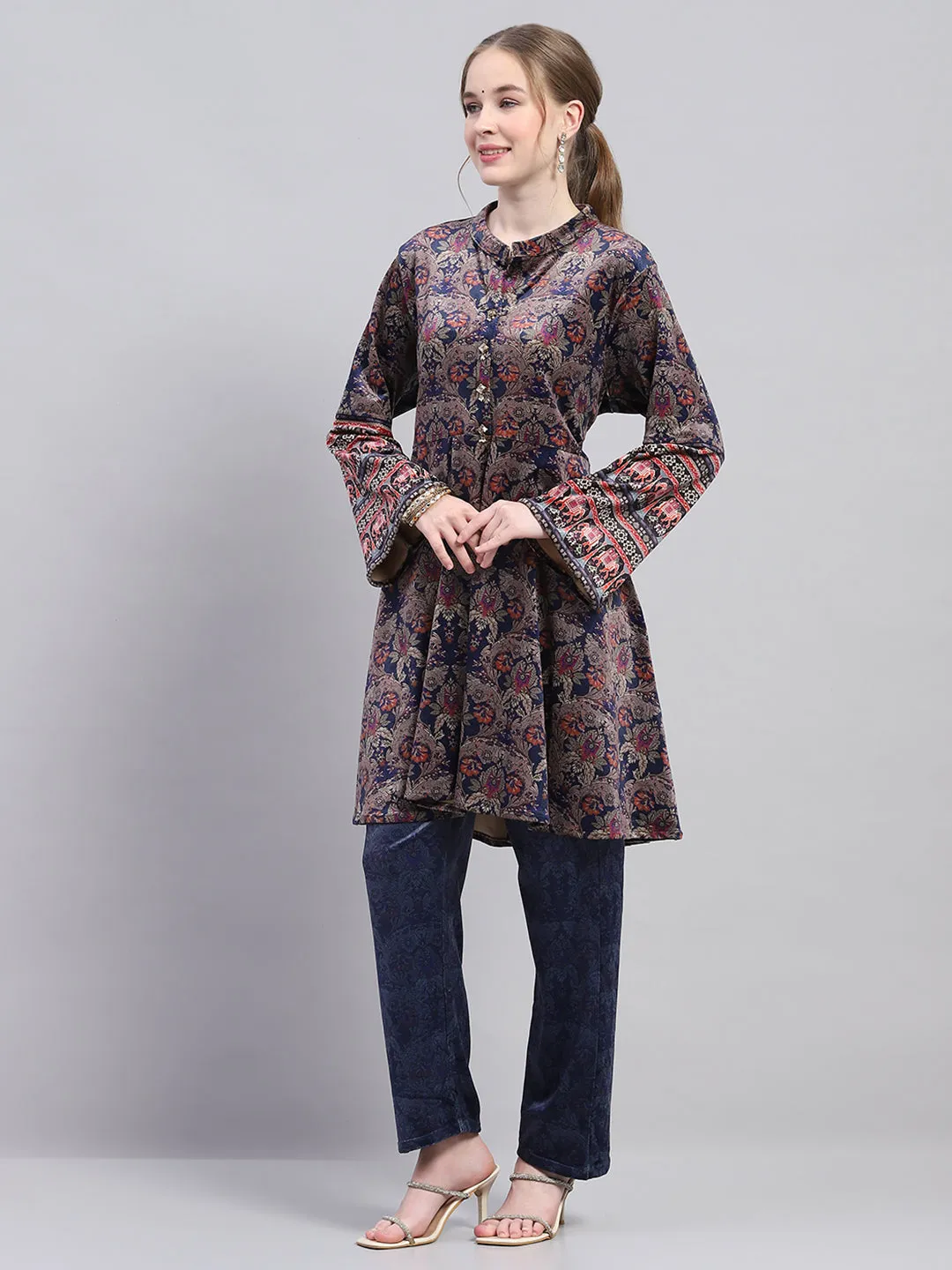 Women Blue Designer Round Neck Full Sleeve Kurtis Set for Winter sold by Monte Carlo product image thumbnail 2