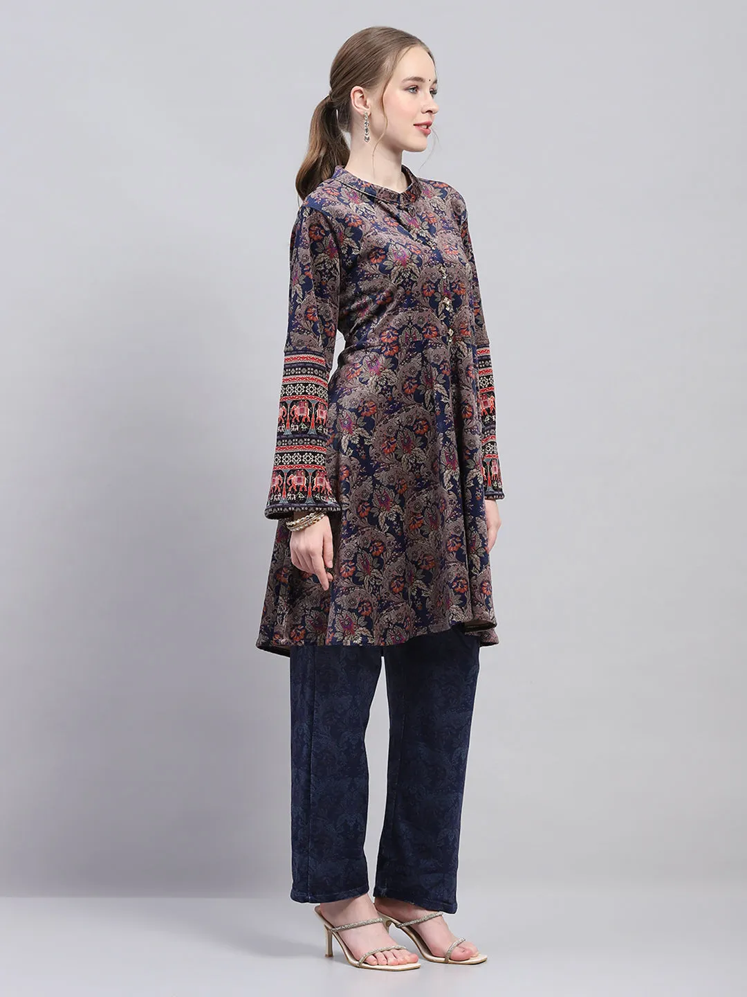 Women Blue Designer Round Neck Full Sleeve Kurtis Set for Winter sold by Monte Carlo product image thumbnail 3