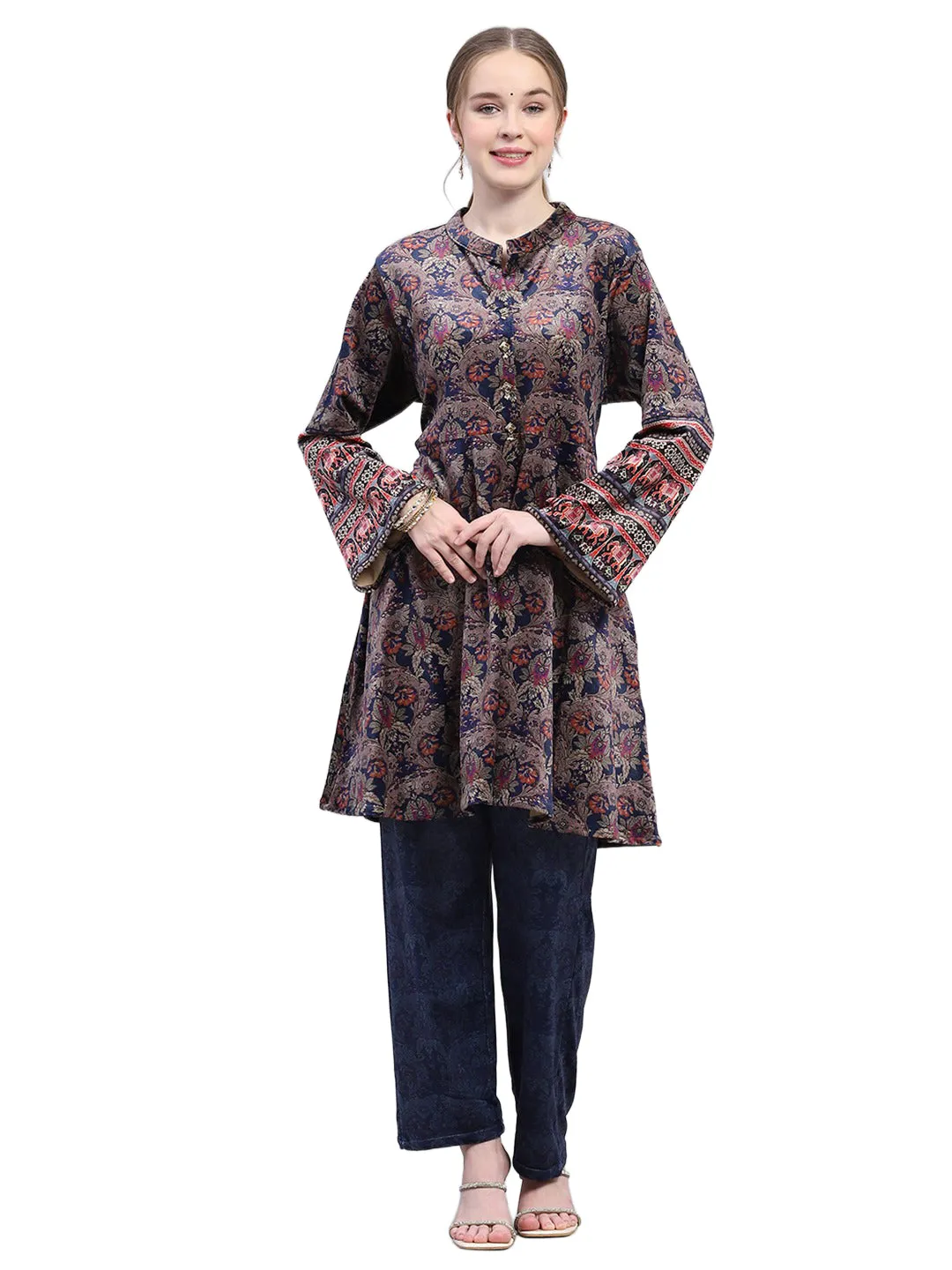 Women Blue Designer Round Neck Full Sleeve Kurtis Set for Winter sold by Monte Carlo