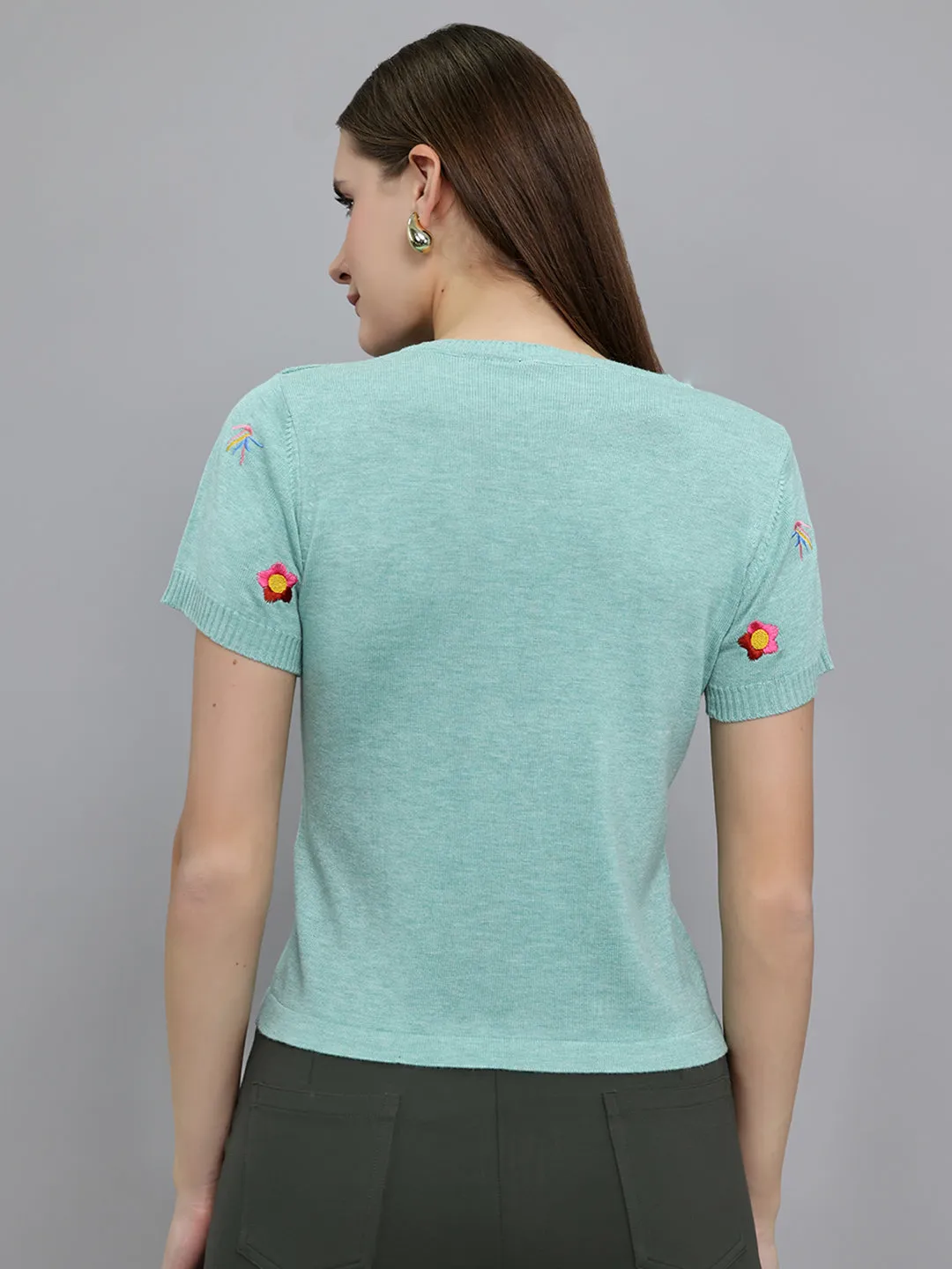 Women Sea Green Embroidered Round Neck Half Sleeve Top sold by Monte Carlo product image thumbnail 4
