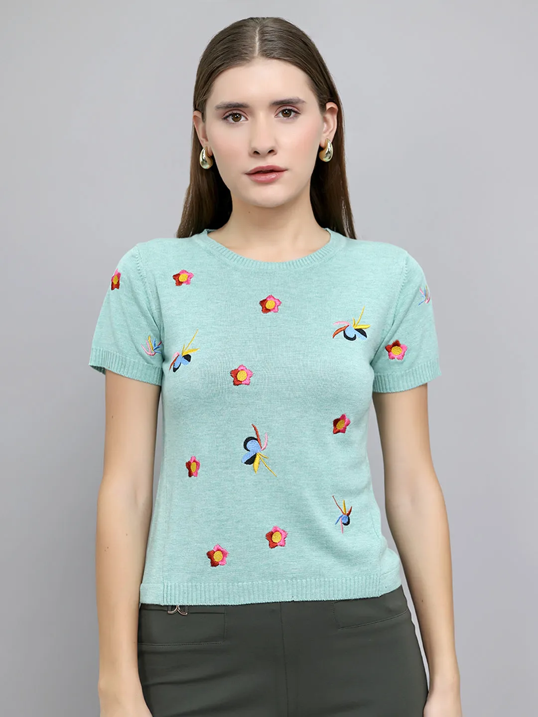 Women Sea Green Embroidered Round Neck Half Sleeve Top sold by Monte Carlo