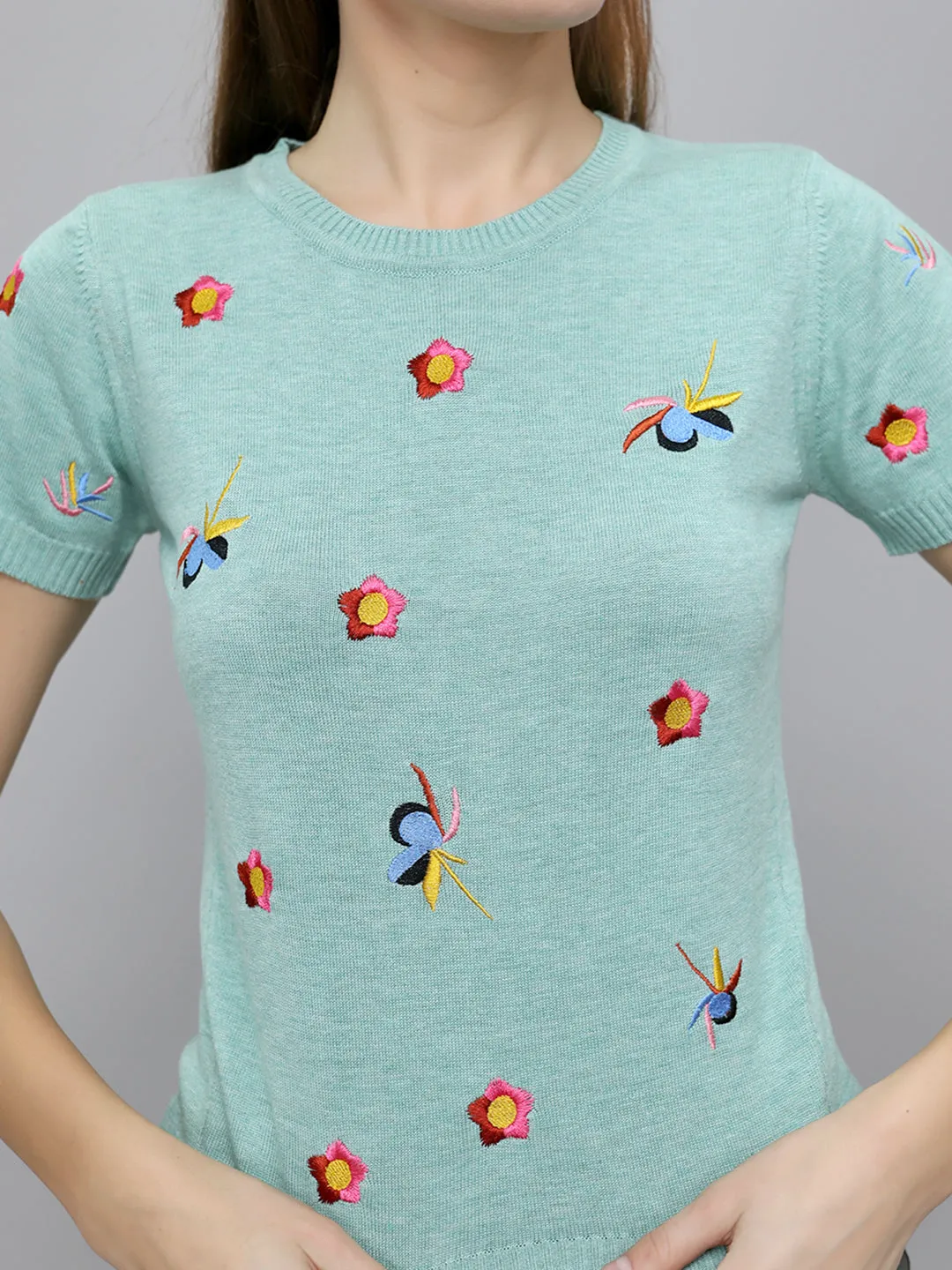 Women Sea Green Embroidered Round Neck Half Sleeve Top sold by Monte Carlo product image thumbnail 5
