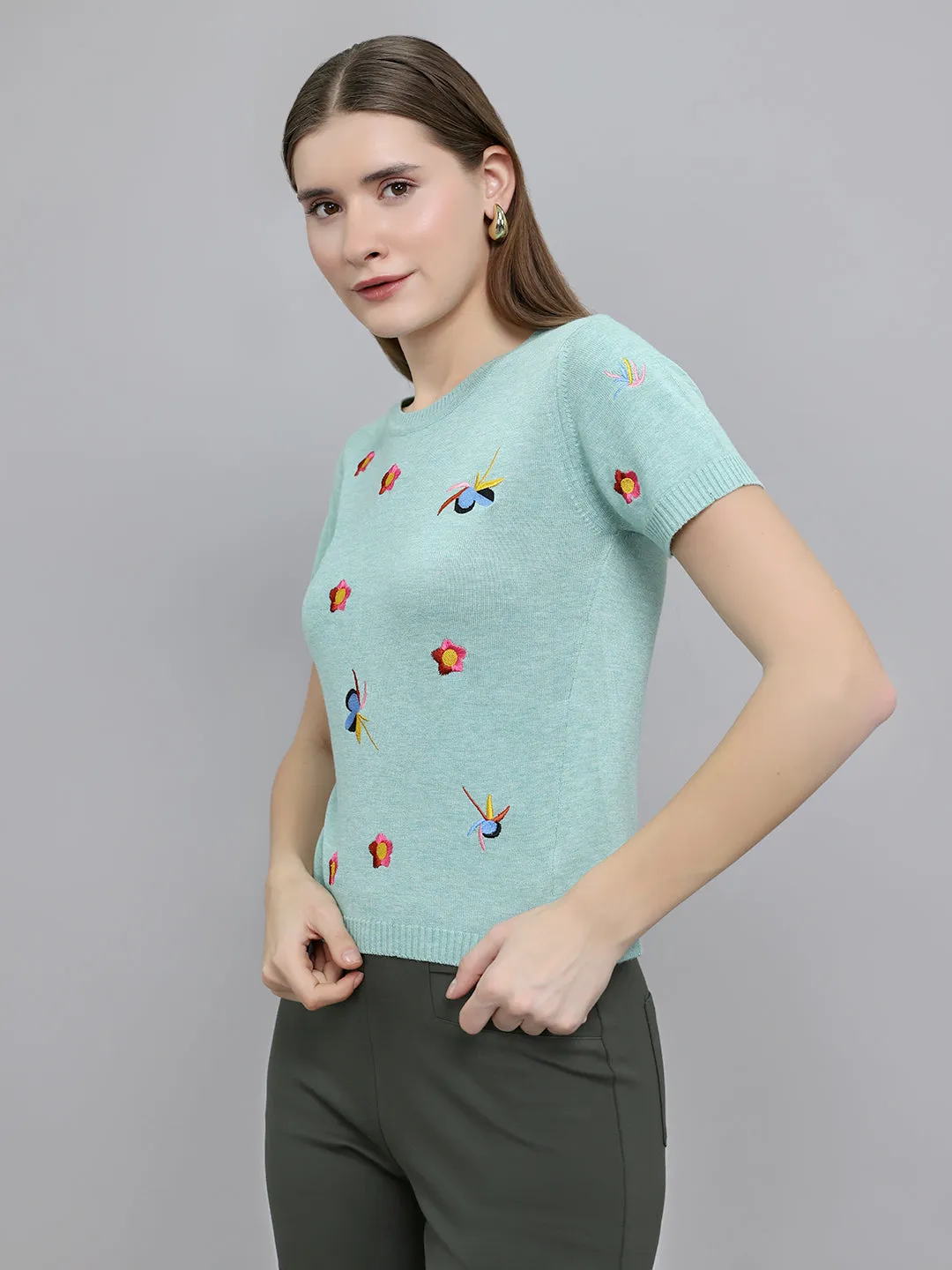 Women Sea Green Embroidered Round Neck Half Sleeve Top sold by Monte Carlo product image thumbnail 2