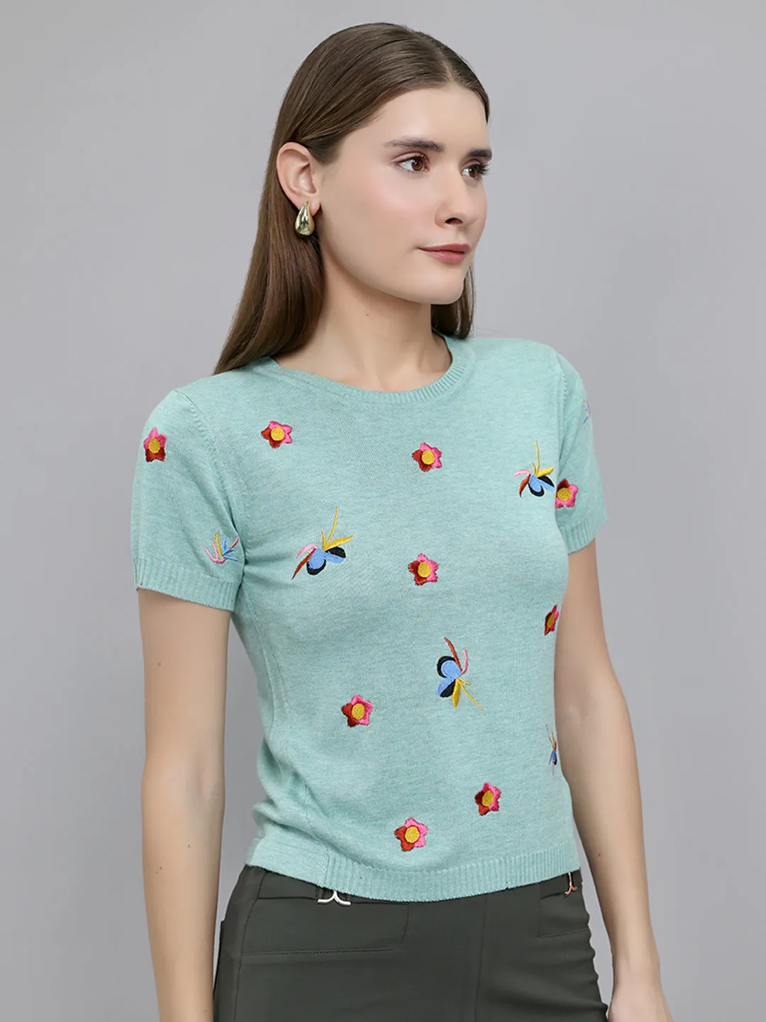 Women Sea Green Embroidered Round Neck Half Sleeve Top sold by Monte Carlo product image thumbnail 3