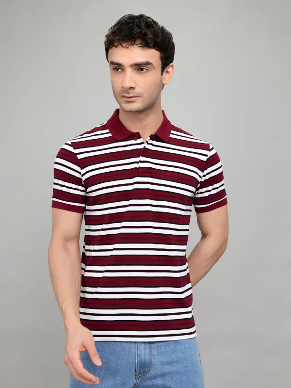 Men Maroon Stripe Collar Half Sleeve T-Shirt made by Monte Carlo