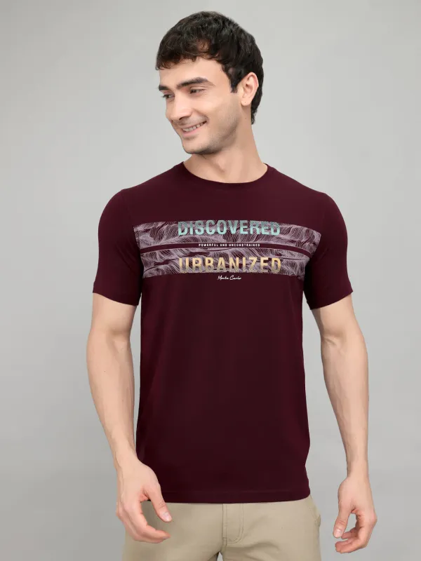 Men Maroon Printed Round Neck Half Sleeve T-Shirt made by Monte Carlo