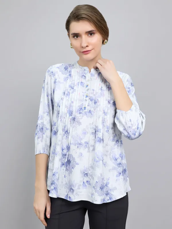 Women Blue Printed Fashion Neck Top made by Monte Carlo