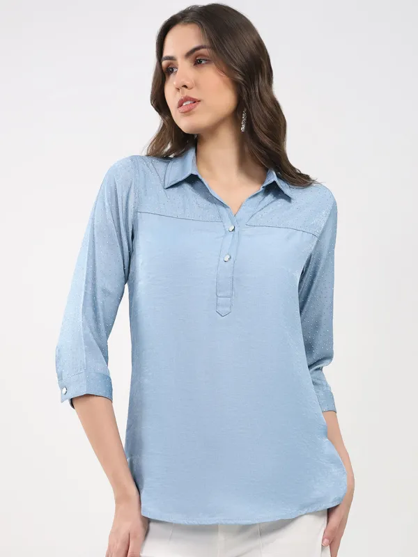 Women Blue Printed Collar Neck Winter Top made by Monte Carlo