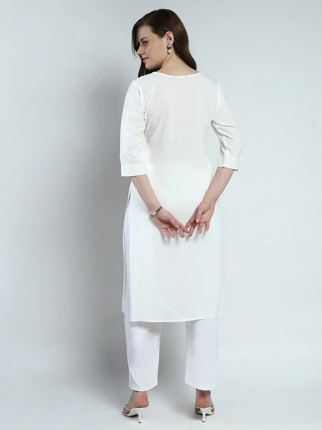 Women White Solid Round Neck Kurti sold by Monte Carlo product image thumbnail 5