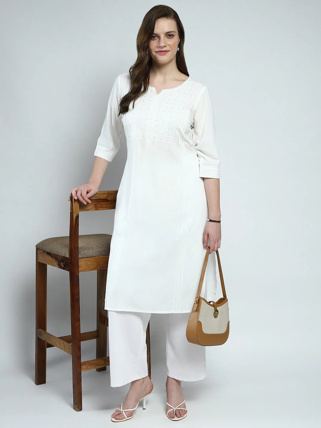Women White Solid Round Neck Kurti sold by Monte Carlo product image thumbnail 2