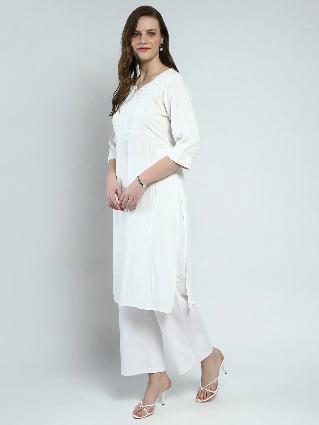 Women White Solid Round Neck Kurti sold by Monte Carlo product image thumbnail 3