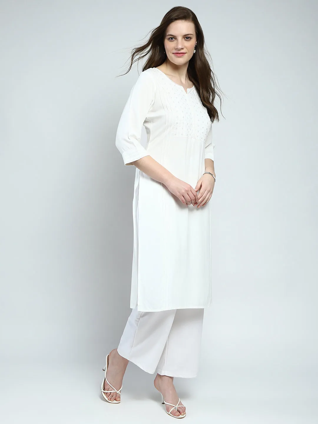 Women White Solid Round Neck Kurti sold by Monte Carlo product image thumbnail 4