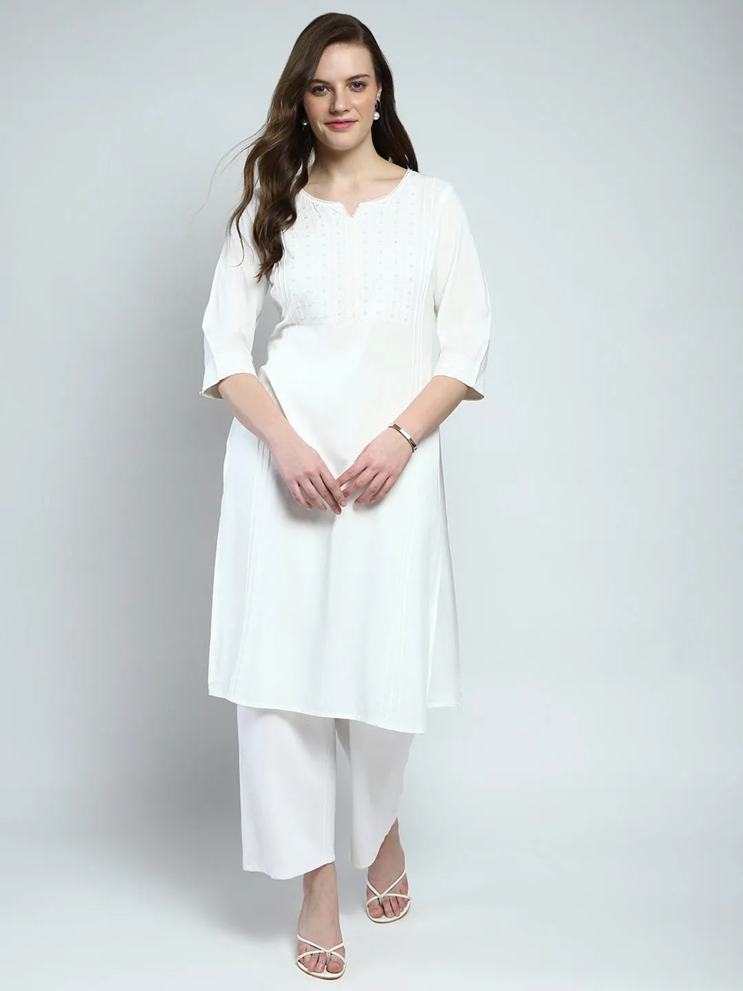 Women White Solid Round Neck Kurti sold by Monte Carlo