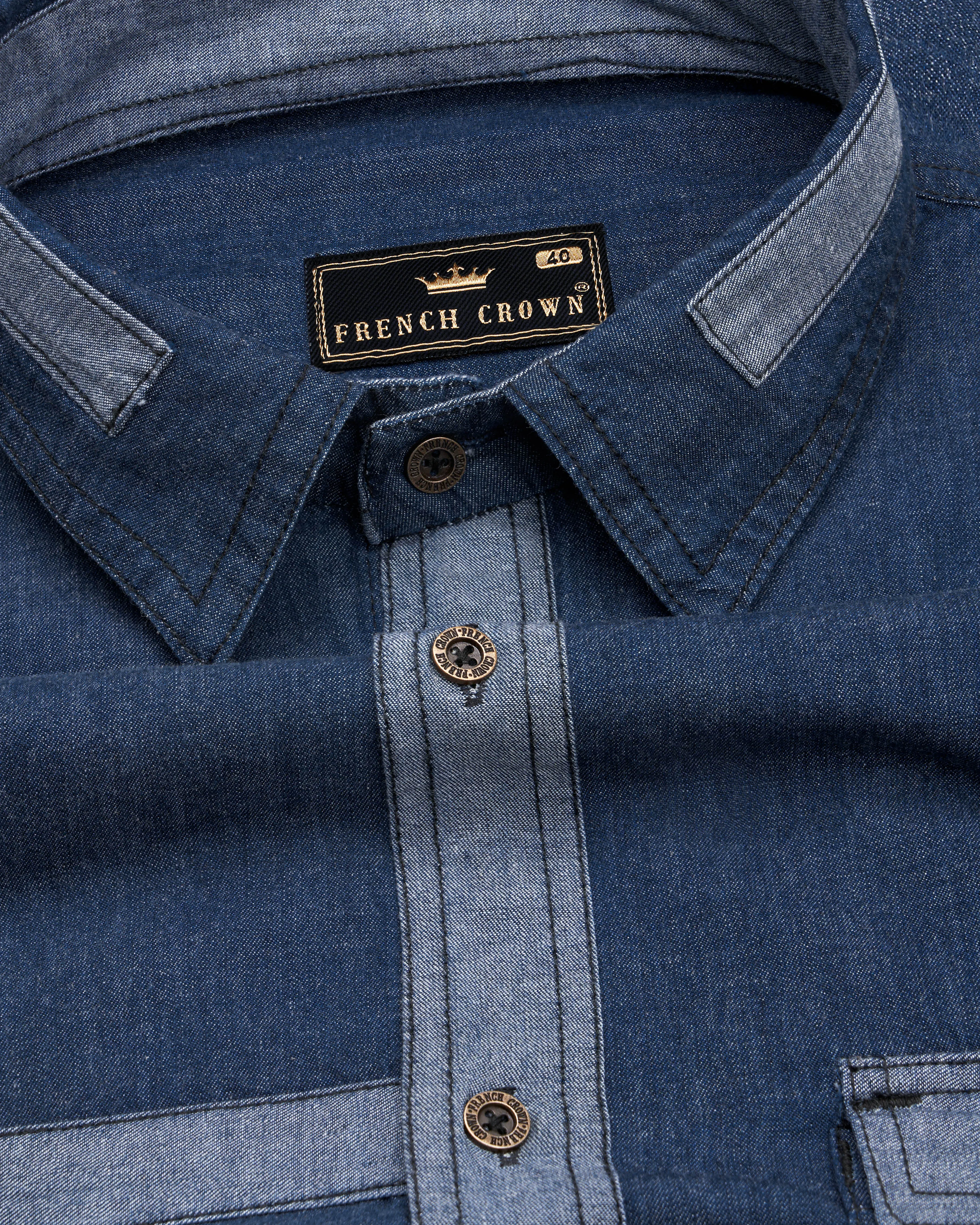 Firefly Blue Chambray Denim Designer Shirt with Brown Patchwork sold by French Crown product image thumbnail 4