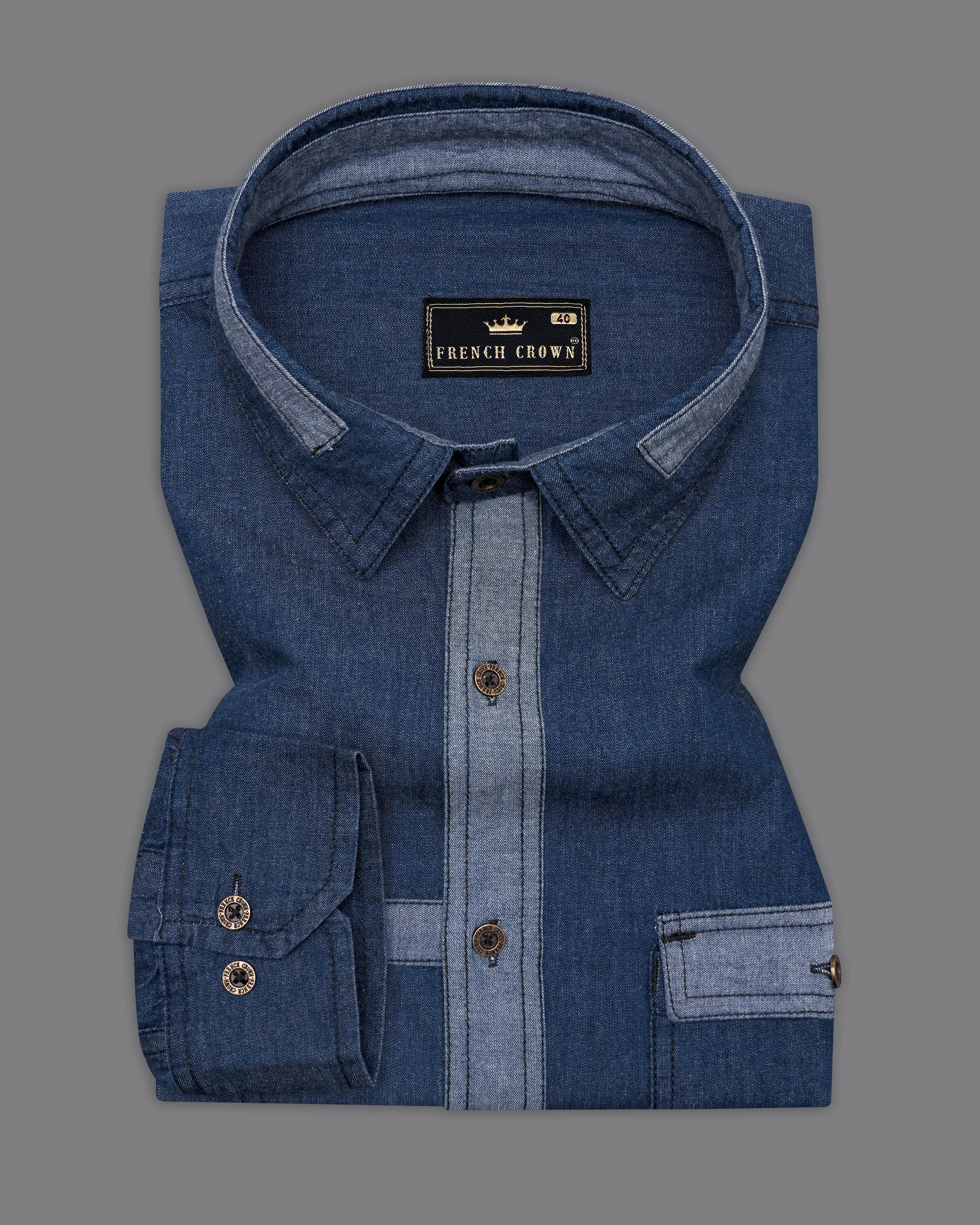 Firefly Blue Chambray Denim Designer Shirt with Brown Patchwork sold by French Crown product image thumbnail 5