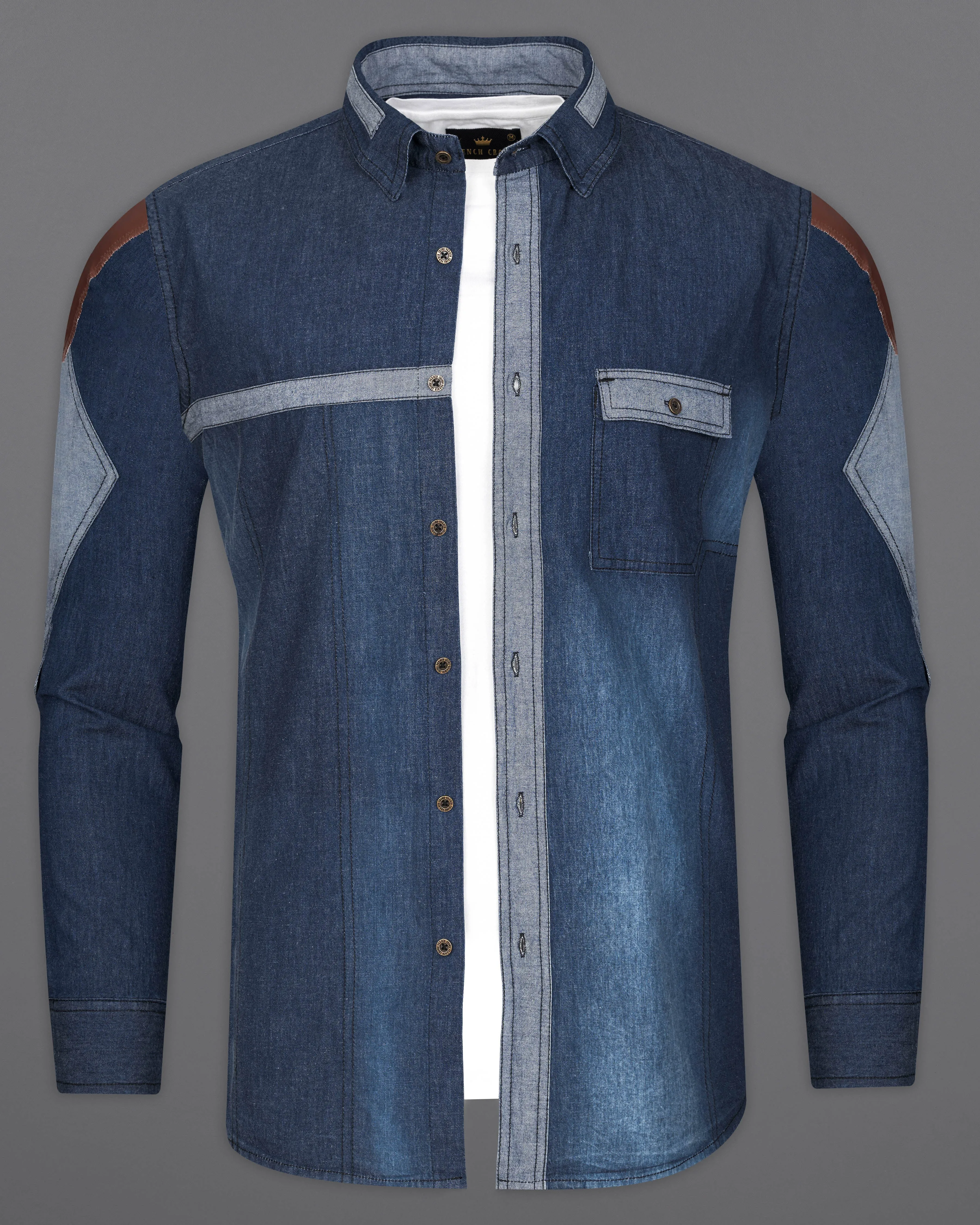 Firefly Blue Chambray Denim Designer Shirt with Brown Patchwork sold by French Crown product image thumbnail 2