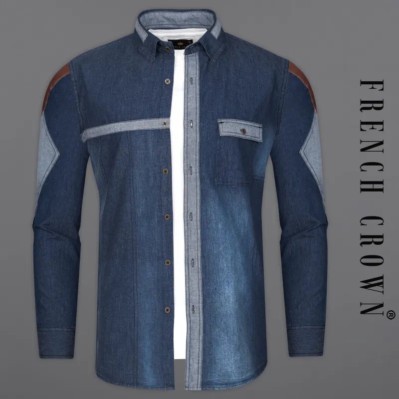 Firefly Blue Chambray Denim Designer Shirt with Brown Patchwork sold by French Crown
