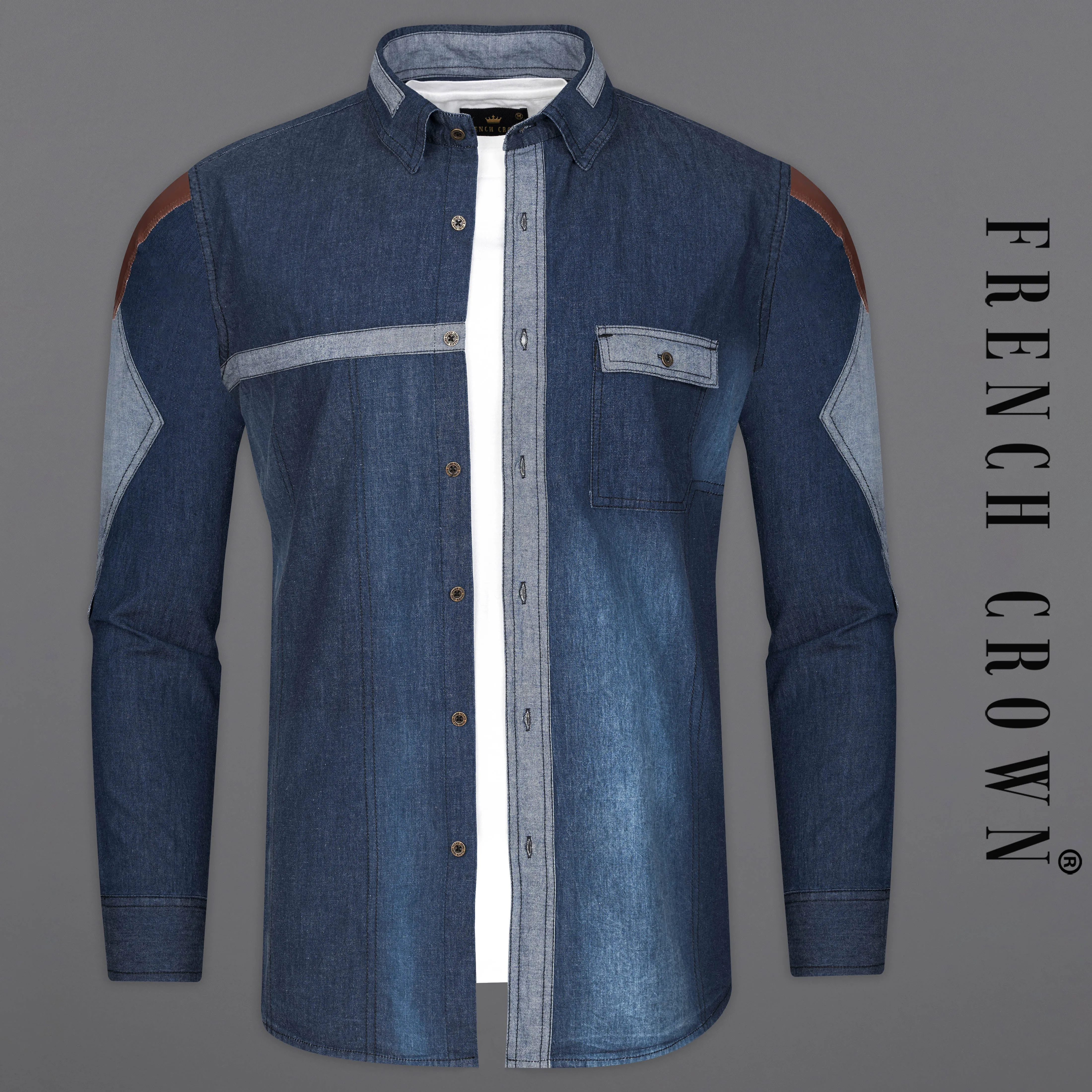 Firefly Blue Chambray Denim Designer Shirt with Brown Patchwork sold by French Crown