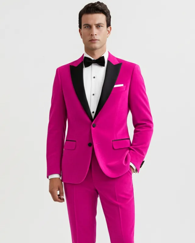 Rosivell-Fuchsia Pink Velvet Peak Lapel Tuxedo Suit sold by French Crown