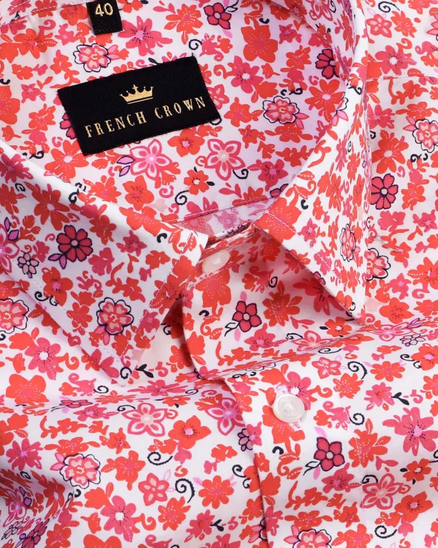 Bright Pink With Red Flower Printed Premium Cotton Shirt sold by French Crown