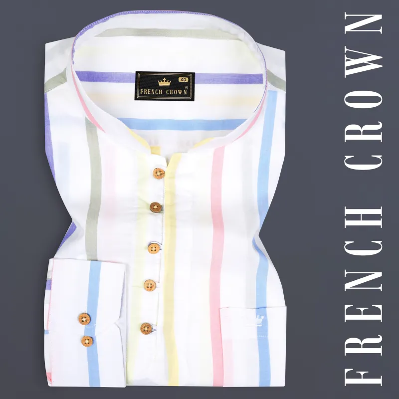 Bright White Multicolour Striped Premium Cotton Kurta Shirts sold by French Crown