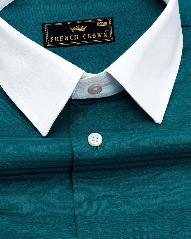 Deep Teal blue Striped with White Cuffs and Collar Dobby Textured Premium Giza Cotton Shirt sold by French Crown