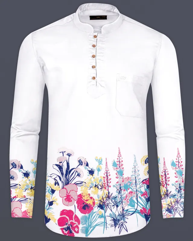 Bright White Flowers Printed Kurta Style Premium Cotton Shirt sold by French Crown