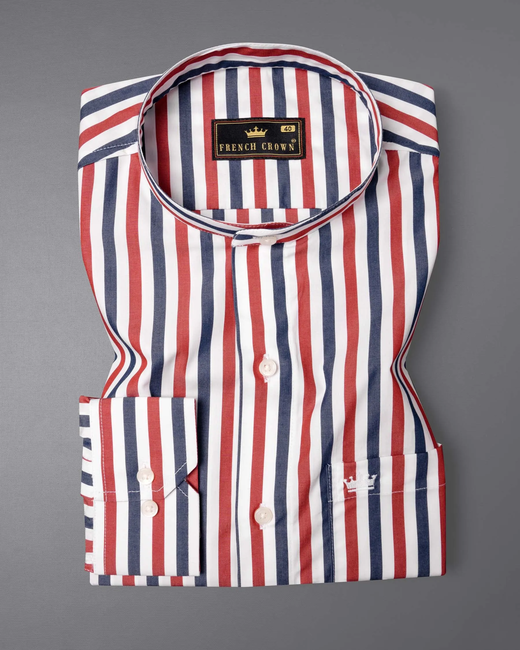 Bright White with Red and Blue Striped Premium Cotton Shirt sold by French Crown product image thumbnail 3