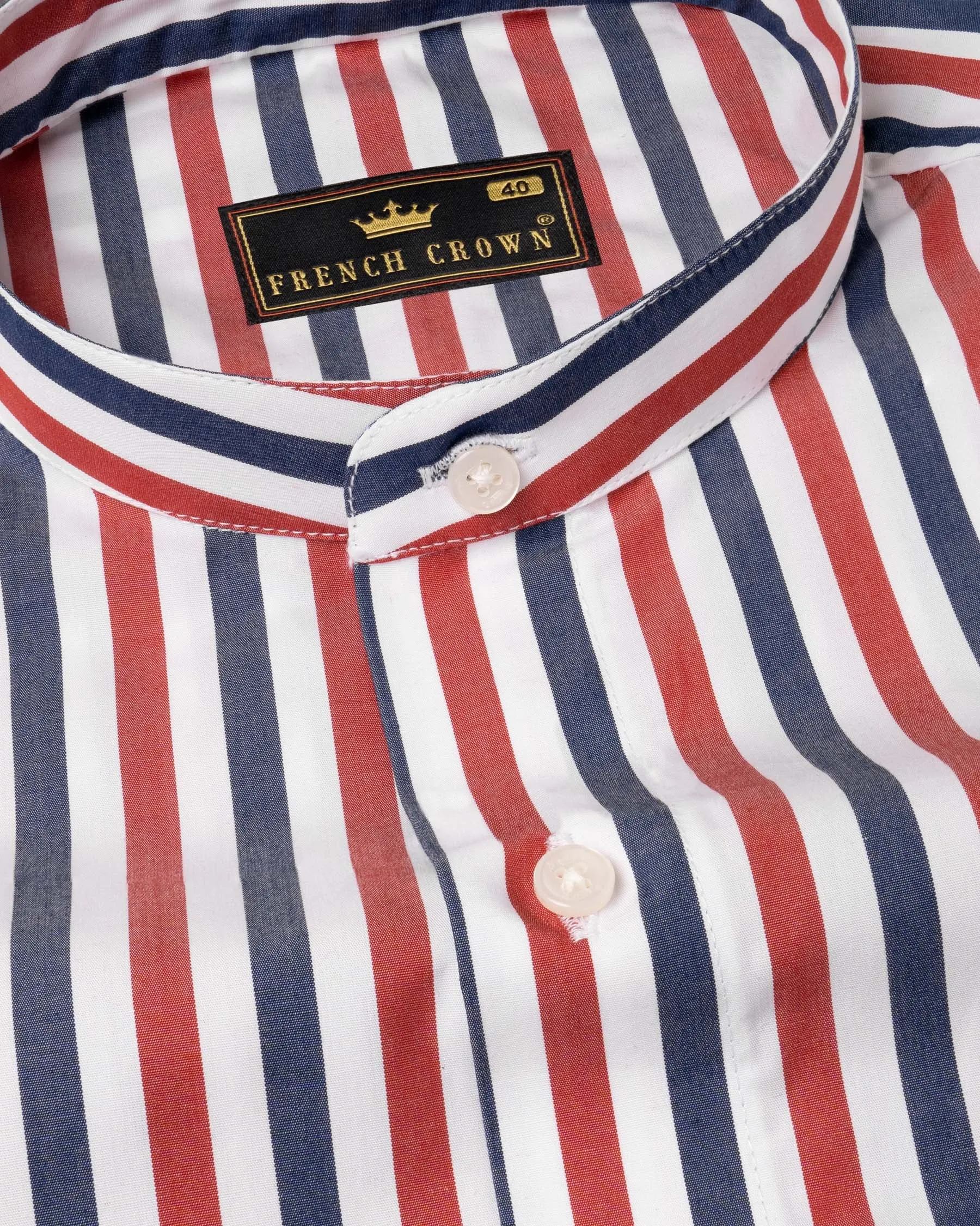 Bright White with Red and Blue Striped Premium Cotton Shirt sold by French Crown
