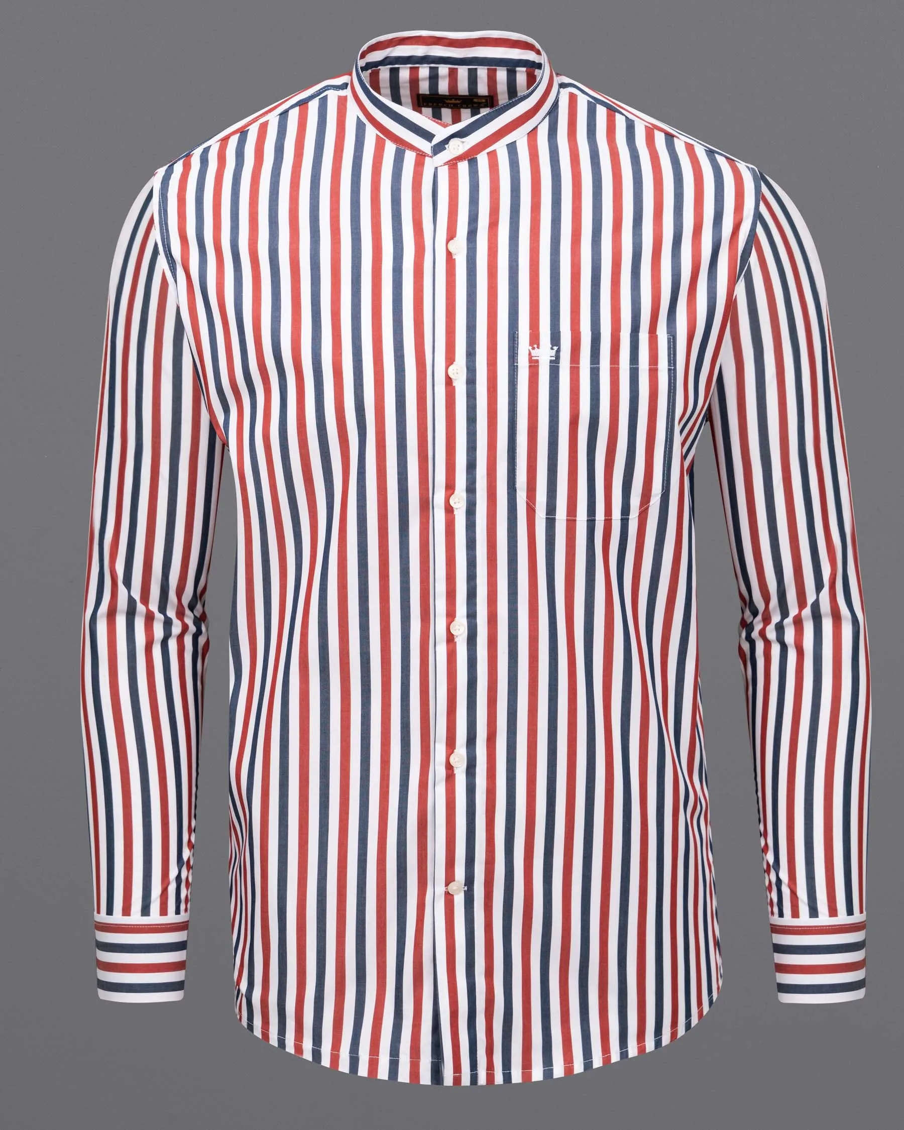 Bright White with Red and Blue Striped Premium Cotton Shirt sold by French Crown product image thumbnail 5