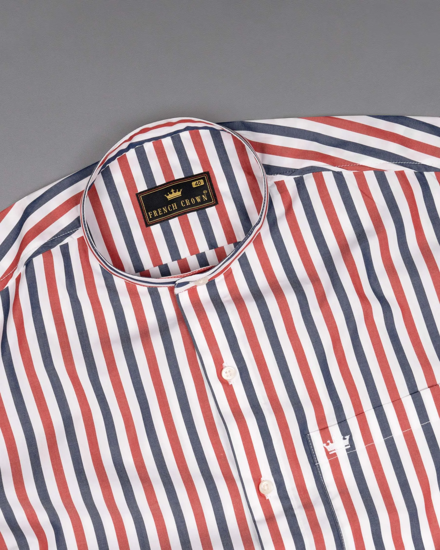 Bright White with Red and Blue Striped Premium Cotton Shirt sold by French Crown product image thumbnail 4