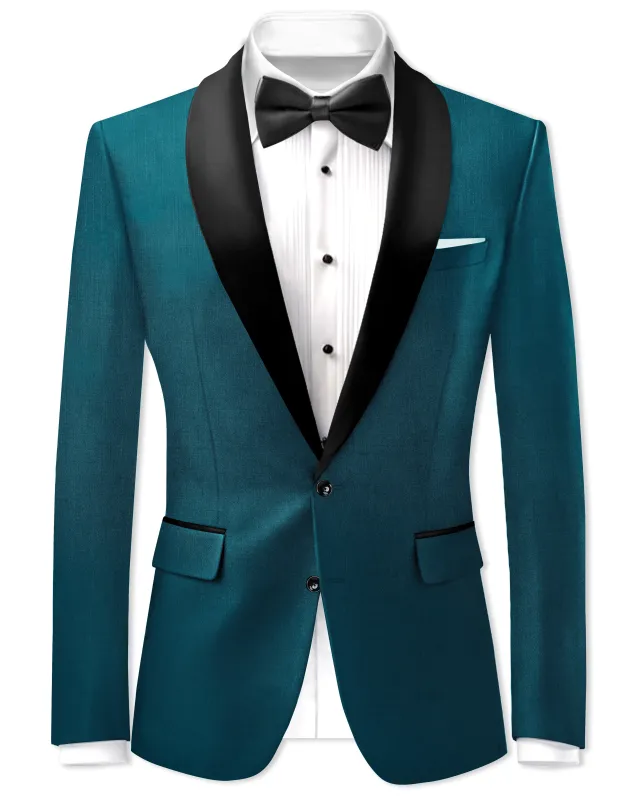 Sapphire-Peacock Blue Wool Rich Tuxedo Slight Stretch Blazer sold by French Crown