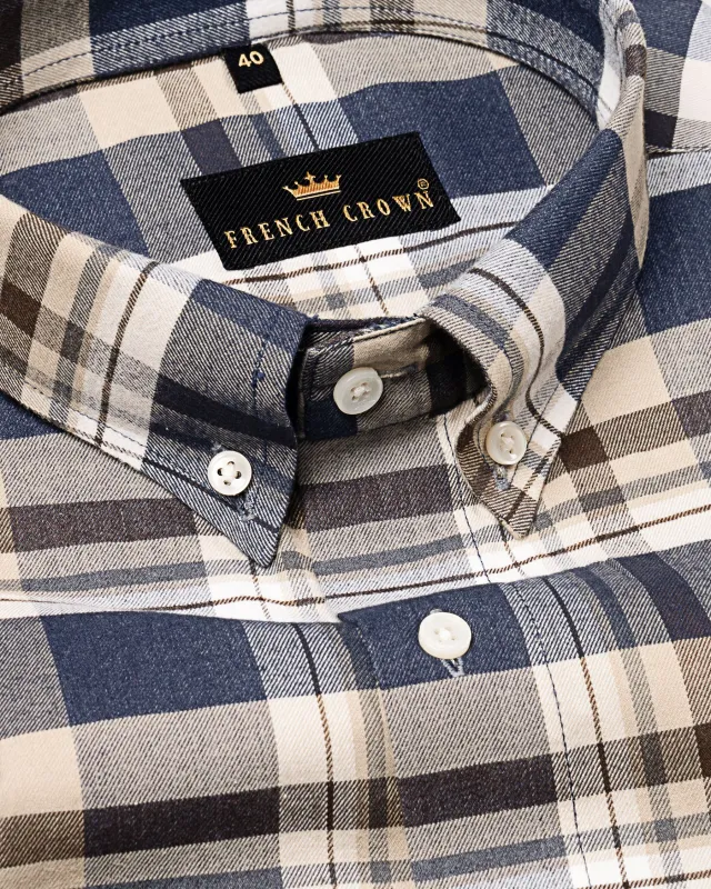 Denim with Brown Plaid Premium Cotton Shirt sold by French Crown