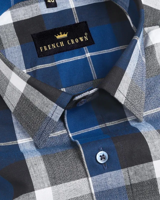 Blue with Black and white Plaid Premium Cotton Shirt sold by French Crown