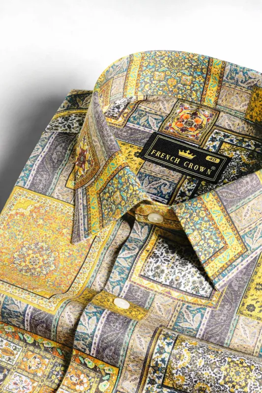 Wattle Yellow with Zobra Brown Multicolour Tribal Printed Super Soft Premium Cotton Shirt sold by French Crown