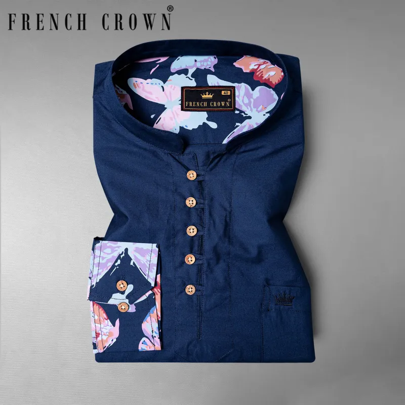 Cloud Burst Blue Butterfly Printed Premium Cotton Kurta Shirt sold by French Crown