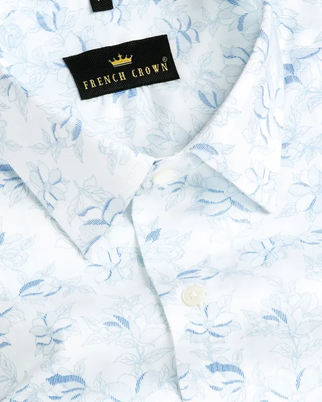 Bright White with sky Flower Printed Jacquard Patterned Giza Cotton shirt sold by French Crown