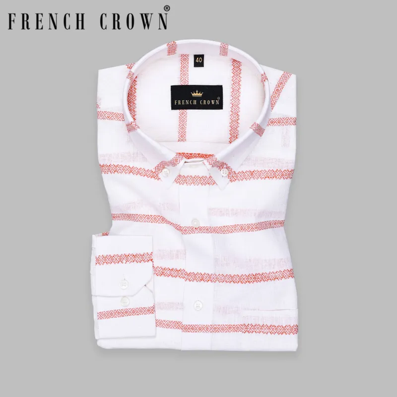 Off white with Orange Striped Button-Down Luxurious Linen Shirt sold by French Crown
