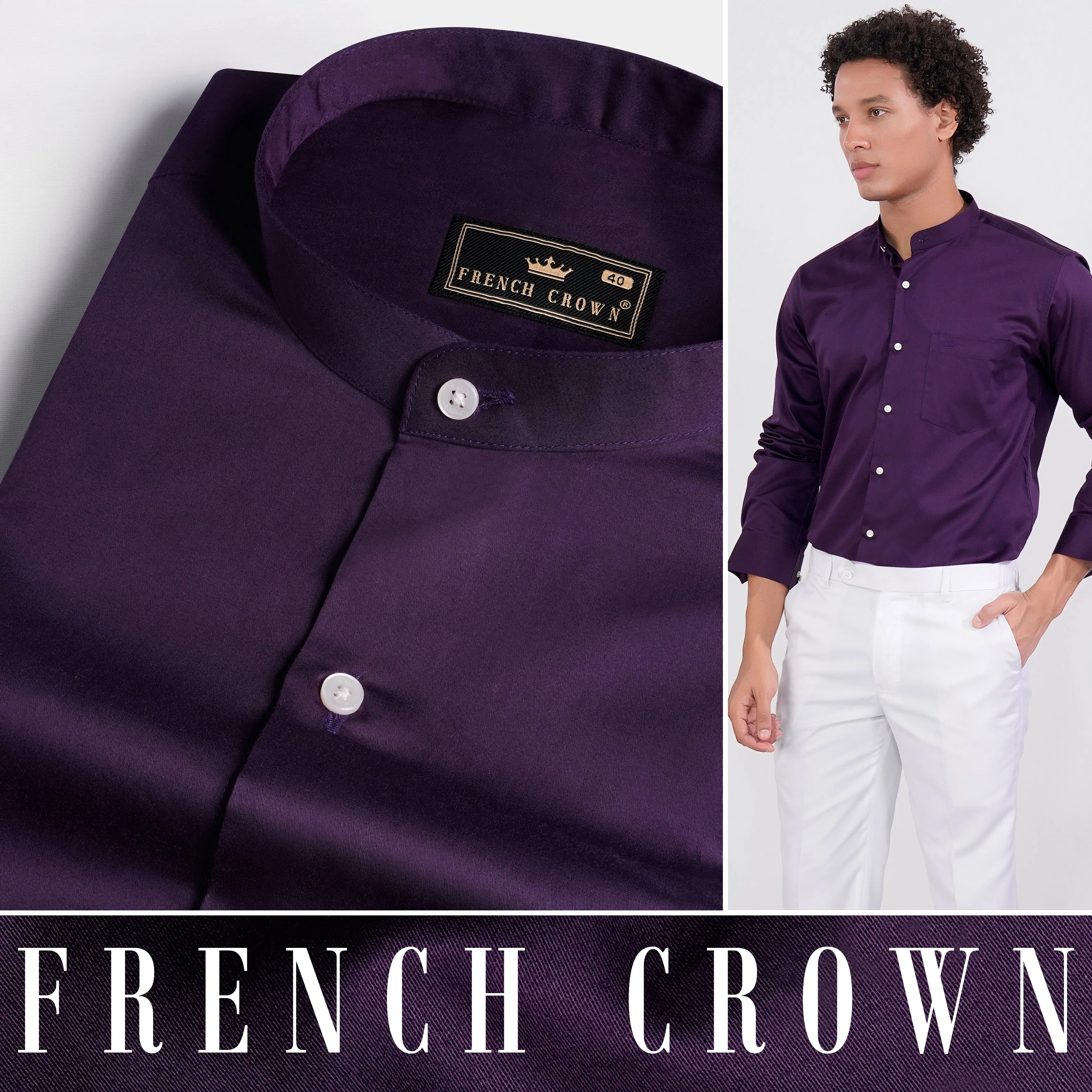 Thunder Purple Subtle Sheen Super Soft Premium Cotton Mandarin Shirt sold by French Crown product image thumbnail 4