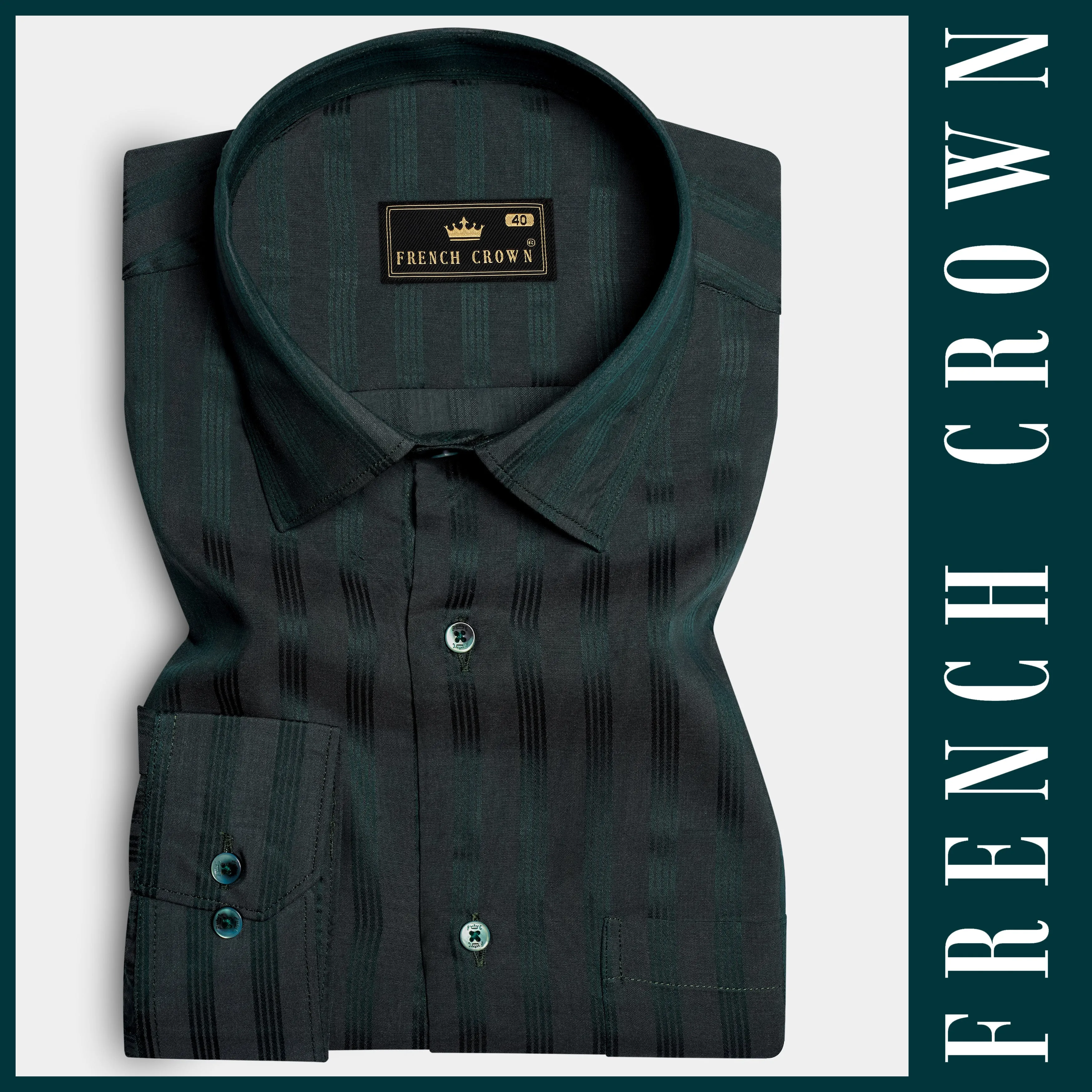Verdant-Timber Green Classic Striped Jacquard Premium Cotton Dress Shirt sold by French Crown product image thumbnail 5
