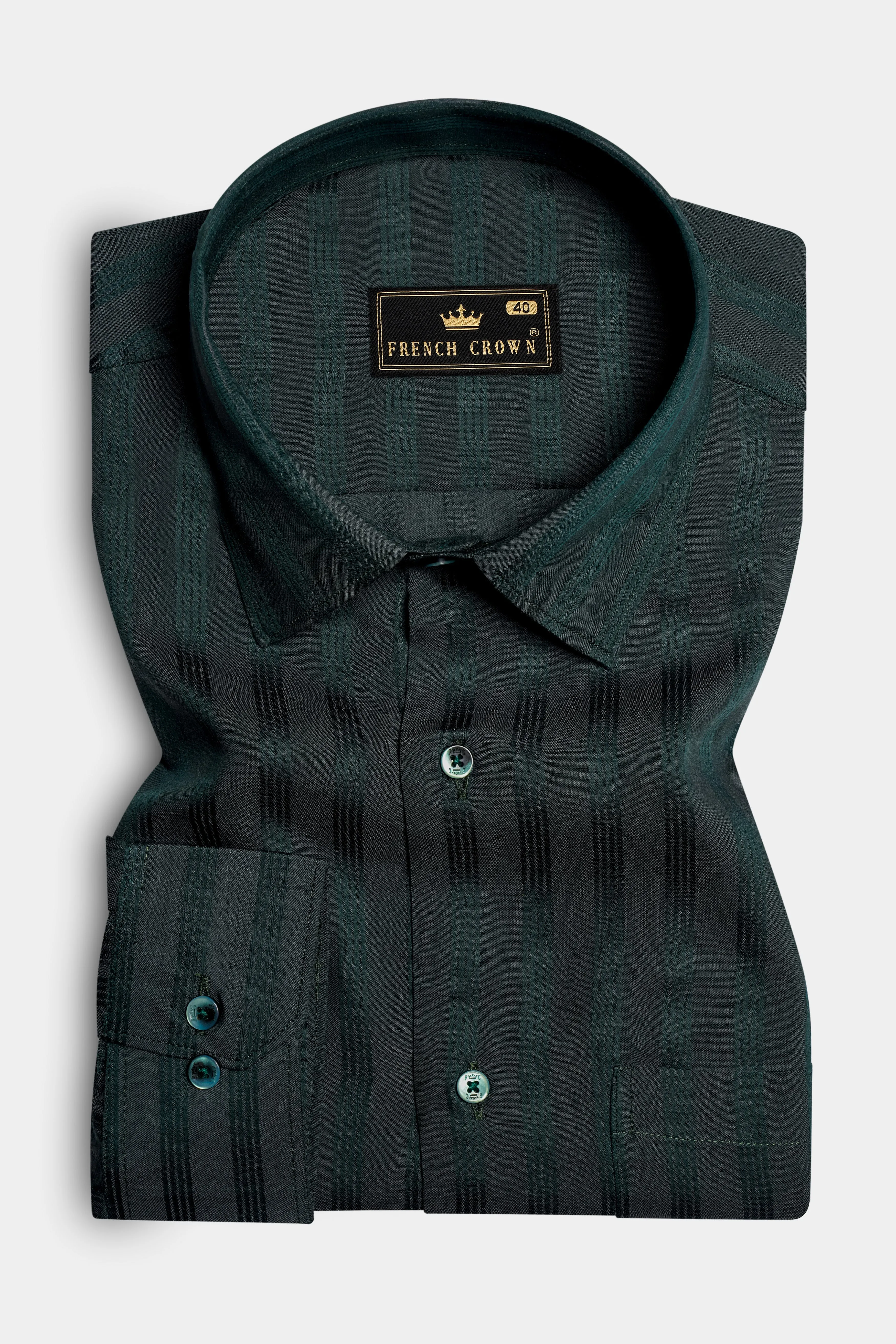 Verdant-Timber Green Classic Striped Jacquard Premium Cotton Dress Shirt sold by French Crown product image thumbnail 3