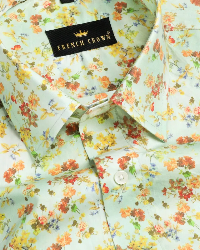 Mint Colourful Flowers Printed Premium Cotton Shirt sold by French Crown